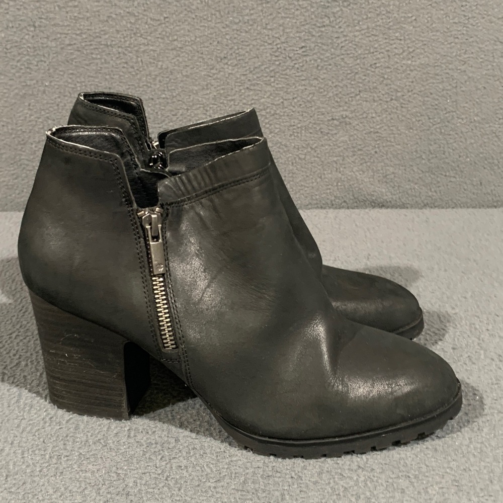 Lucky Brand Ankle Boots Women 9.5 Black Leather Side Zip Block Heel Booties